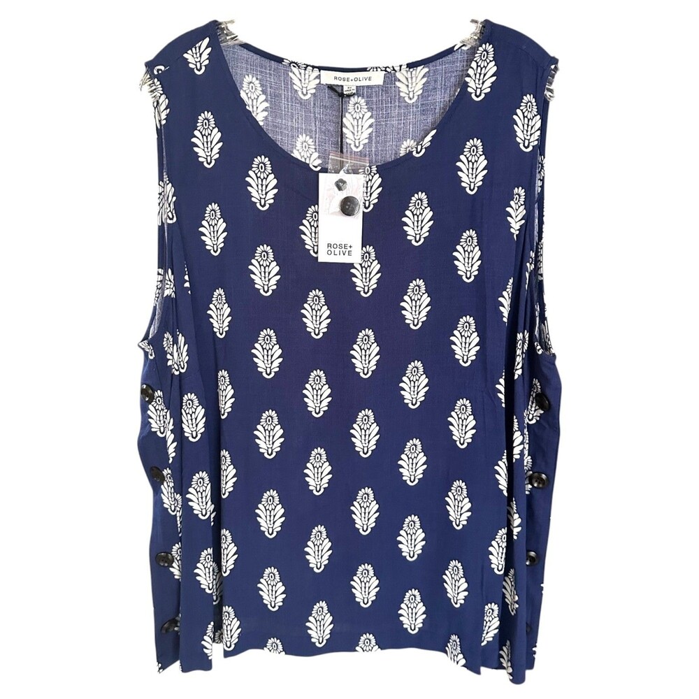 Rose + Olive Women's Sleeveless Tank Blouse Top Rayon Plus Size 3X Navy Printed